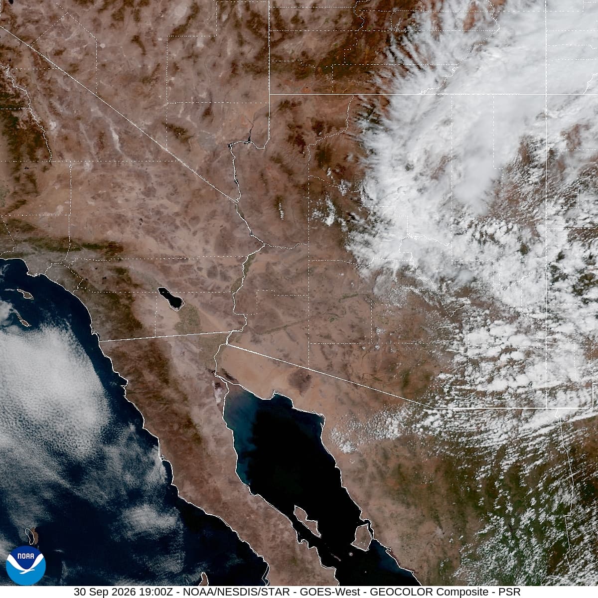 GOES-18 GeoColor satellite view of Arizona and the surrounding Southwest, including the Queen Creek area, at noon MST on September 30, 2026 (19:00 UTC). Credit: CIRA/NOAA/NESDIS/STAR.