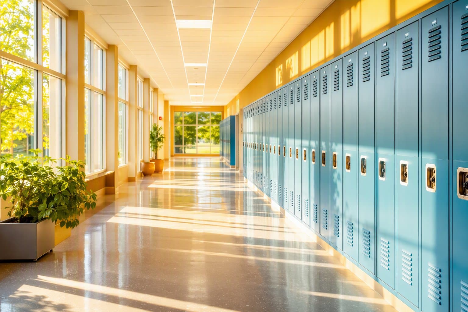 Empty sunlit school hallway - illustration, Jake Team LLC