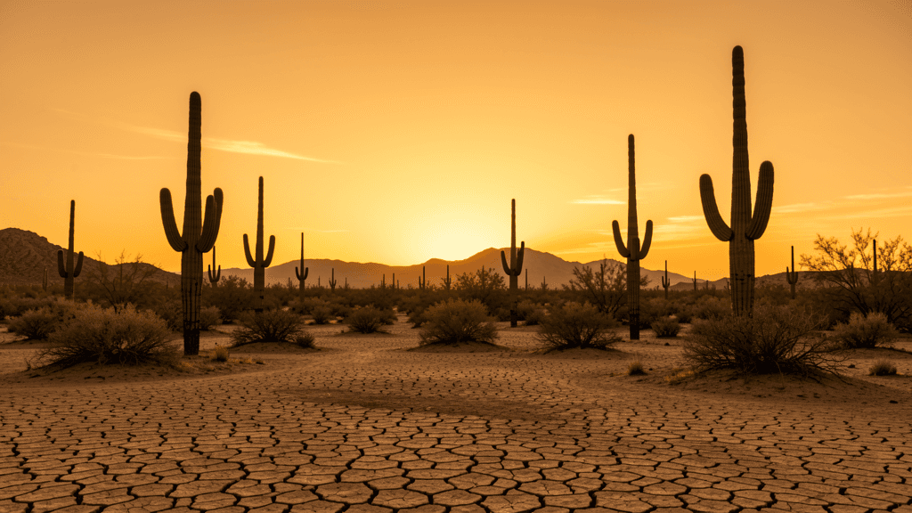 Arizona desert landscape with saguaro cactus and dry riverbed at golden hour — illustration, Jake Team LLC
