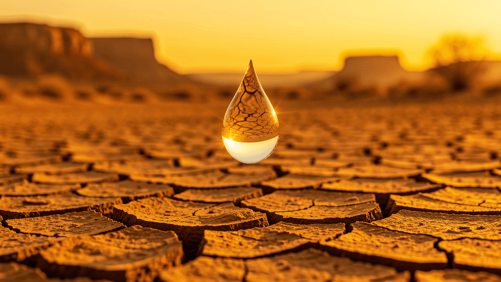 Water droplet over cracked desert earth, representing Arizona water crisis — illustration, Jake Team LLC