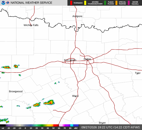 Latest National Weather Service radar for North Texas (KFWS radar). Source: radar.weather.gov.