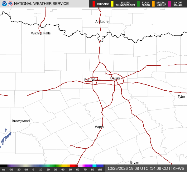 Latest National Weather Service radar for North Texas (KFWS radar). Source: radar.weather.gov.