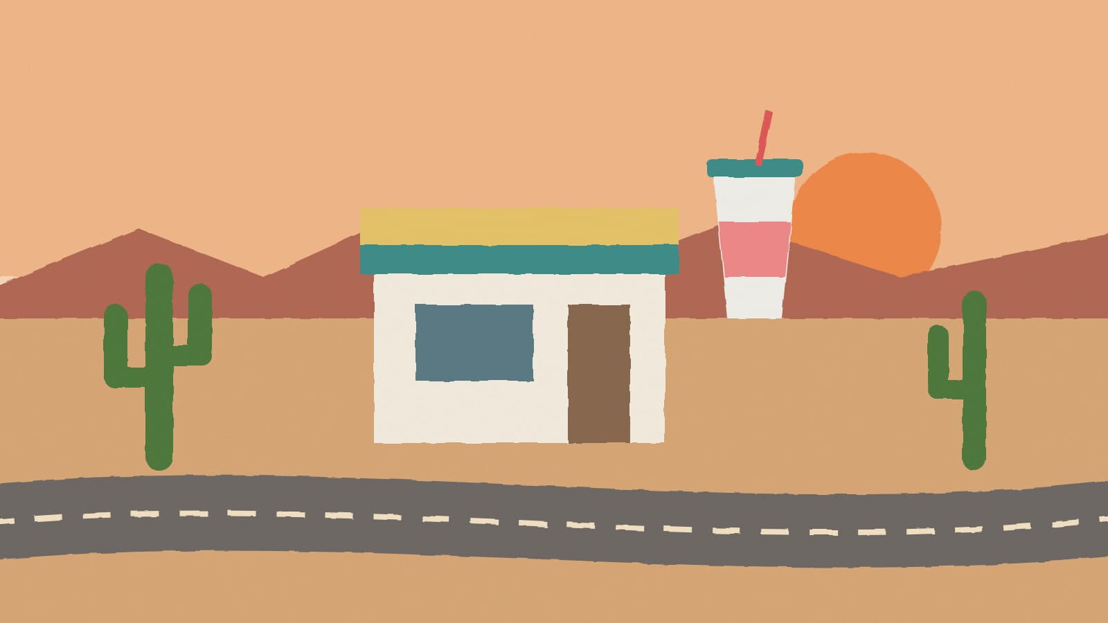 Desert drive-thru at dusk - illustration, Jake Team LLC