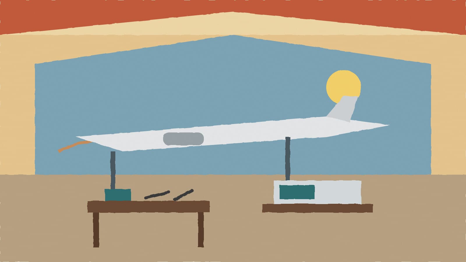 Aircraft wing in training hangar - illustration, Jake Team LLC