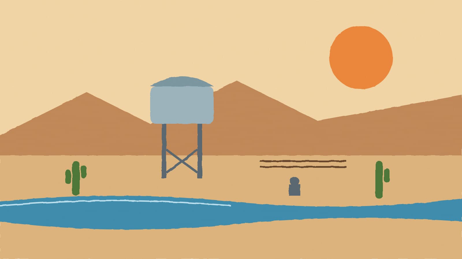 Desert water tower and canal - illustration, Jake Team LLC