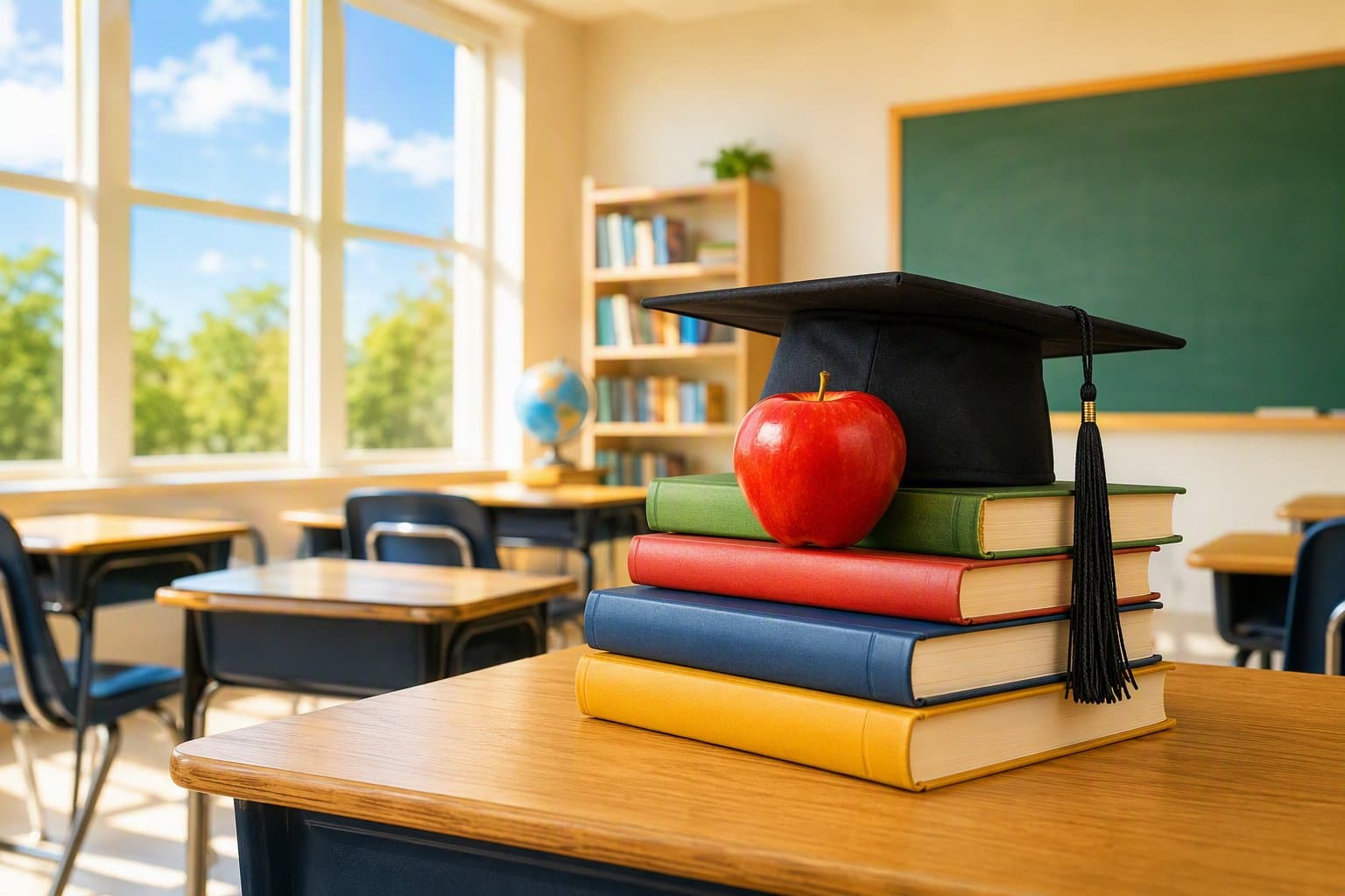 sunlit classroom desk - illustration, Jake Team LLC