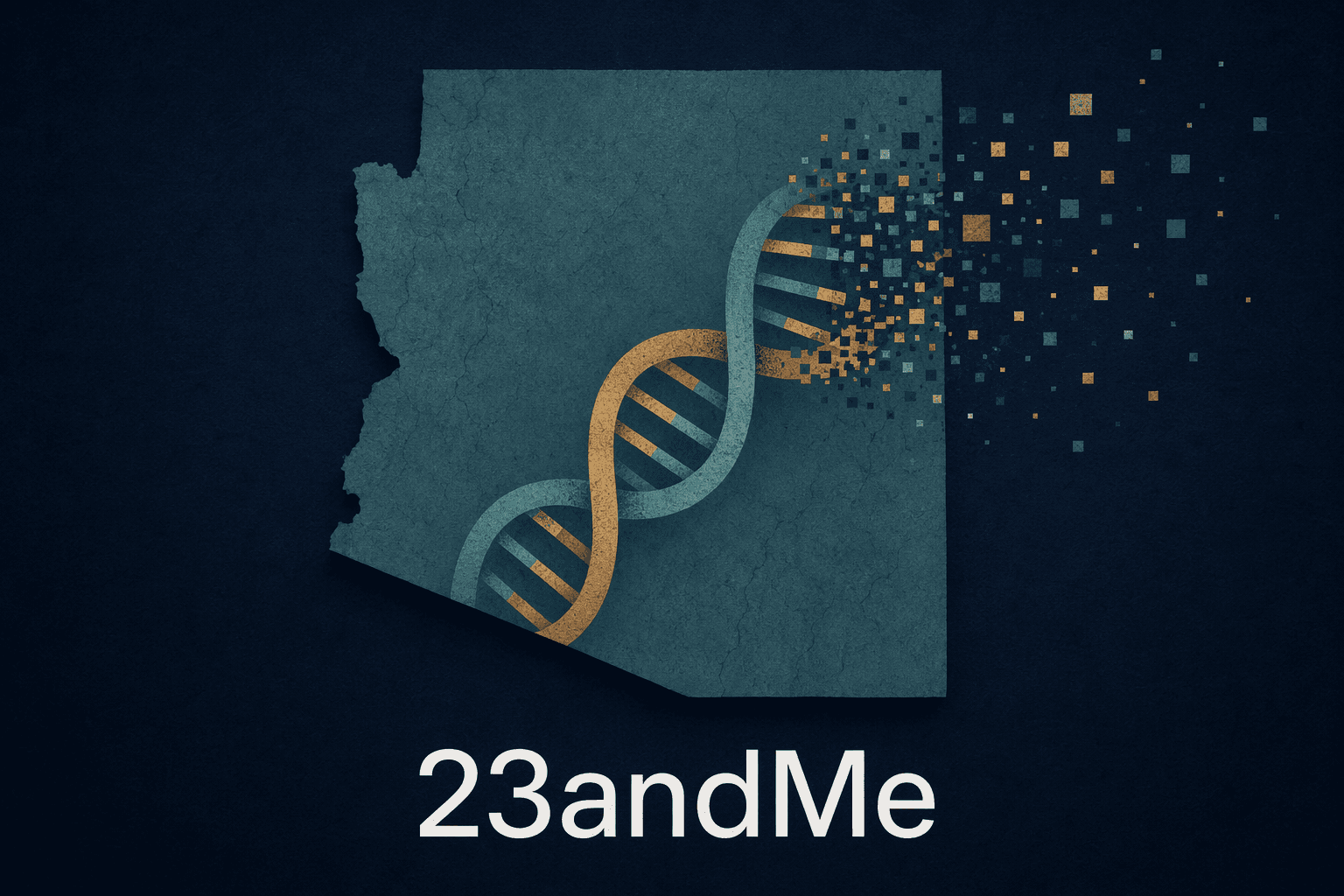 The shape of Arizona with a DNA helix dissolving into data, 23andMe - illustration, Jake Team LLC