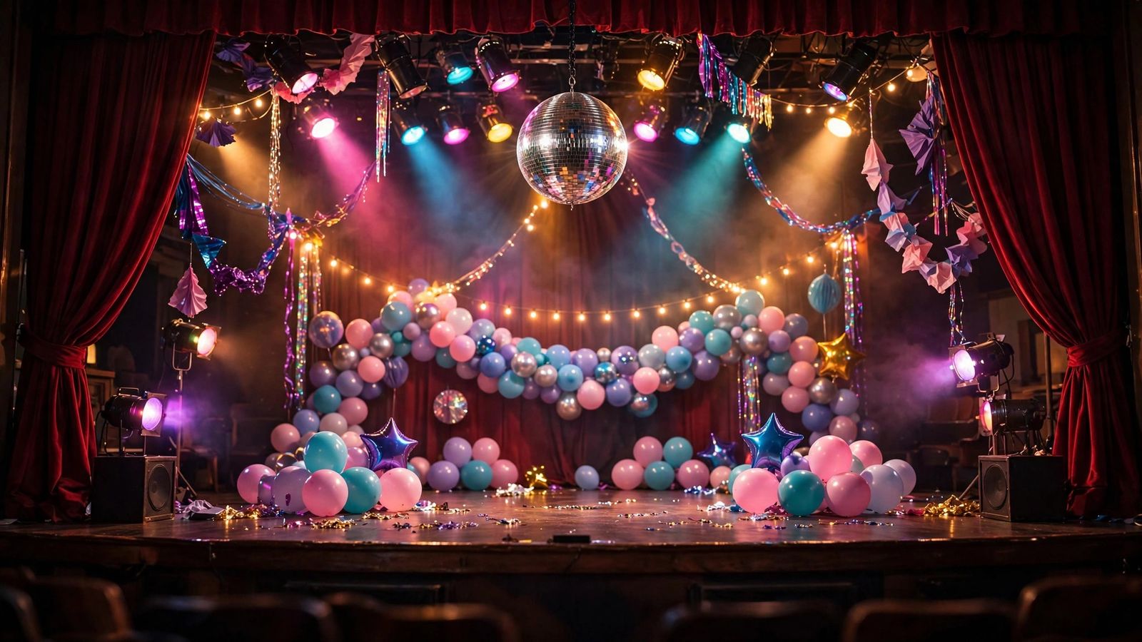 High school theater stage with 80s prom-style decor and spotlight - illustration