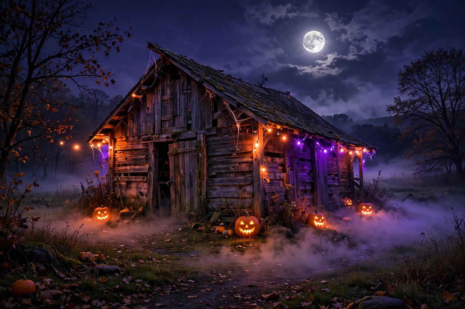 Old barn at night with spooky Halloween lighting and fog - illustration