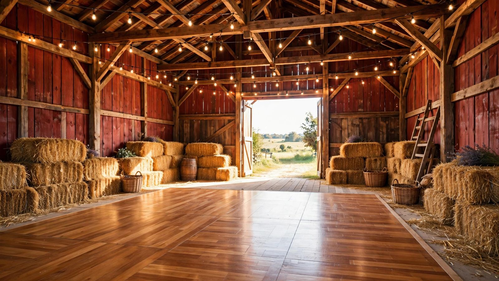 Rustic red barn interior with a dance floor and string lights - illustration
