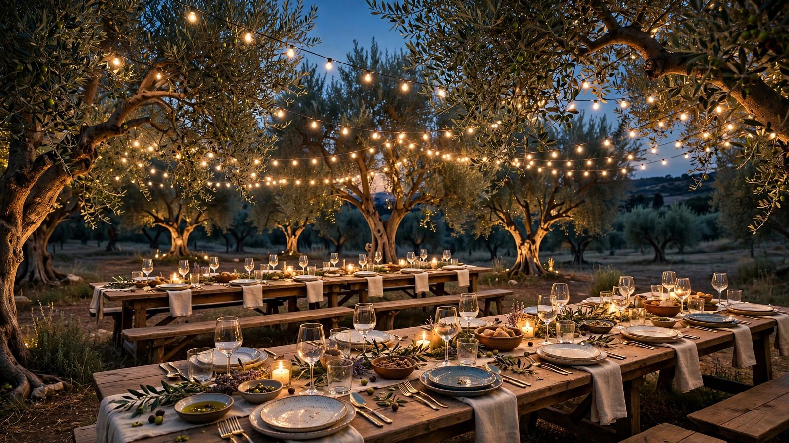 Olive grove at dusk with long dinner tables and string lights - illustration