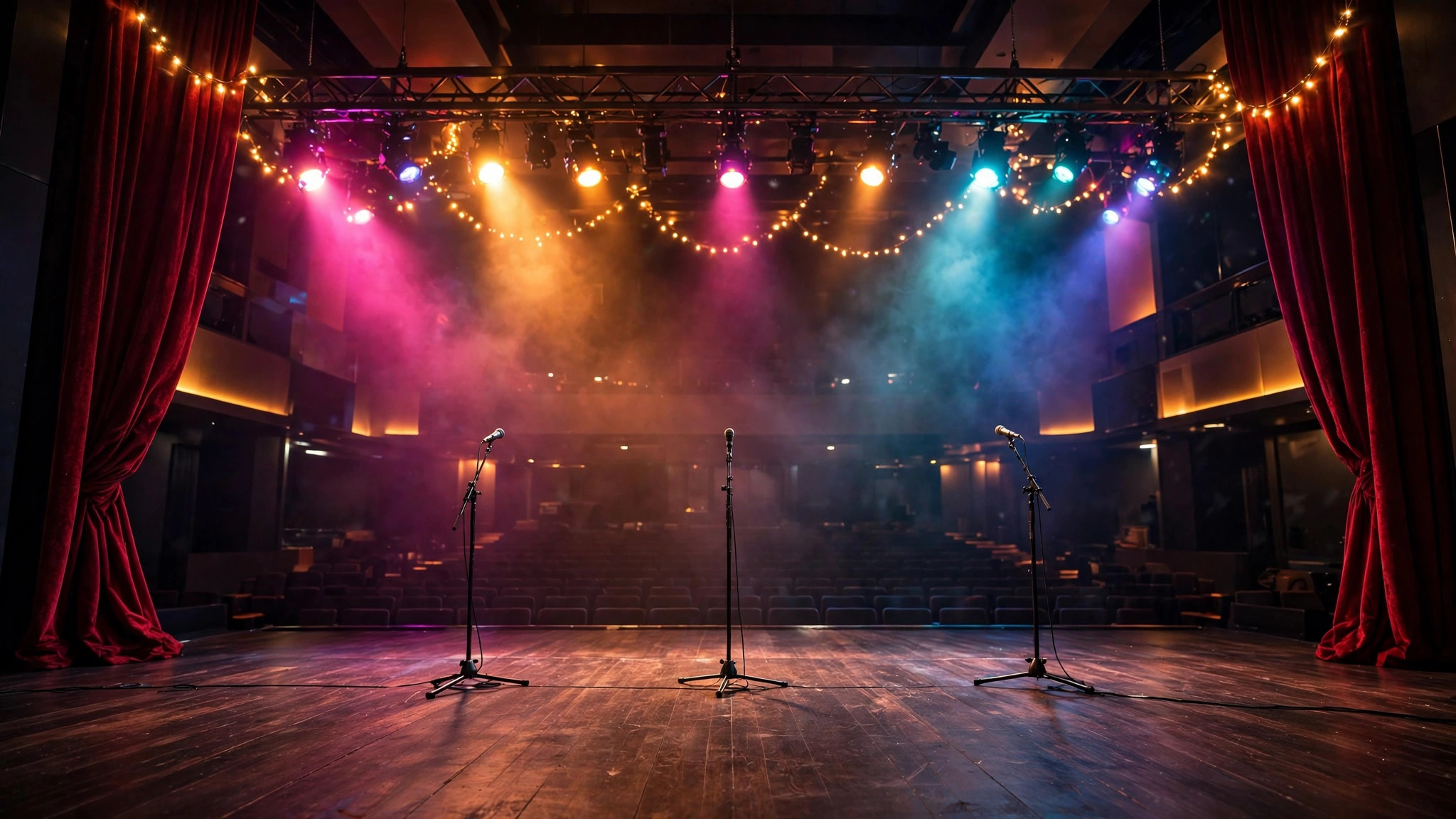 Theater stage with colorful theatrical lights - illustration