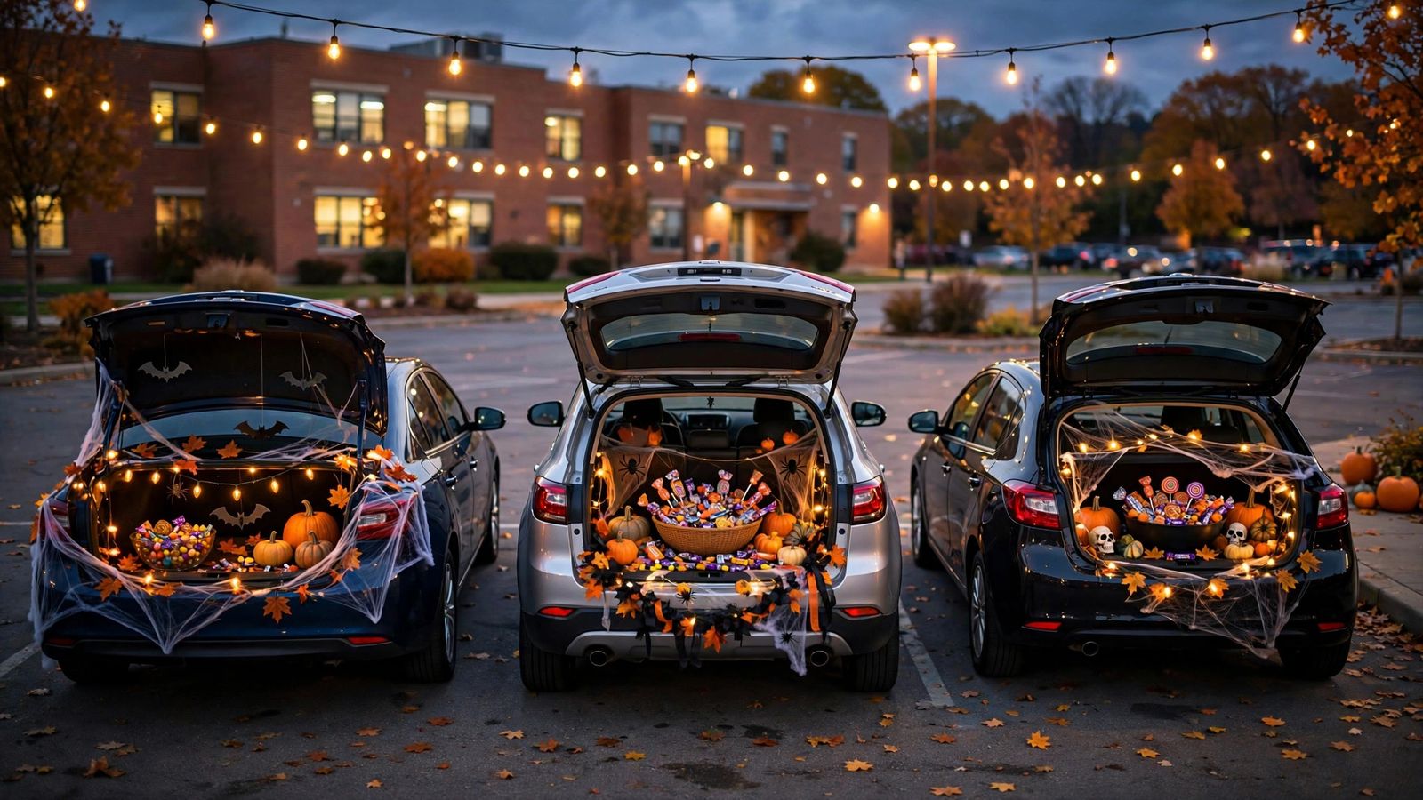 School parking lot with decorated trunks at dusk - illustration