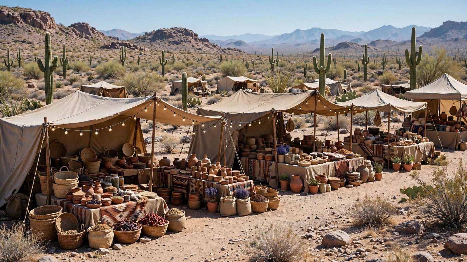 Outdoor desert market with vendor tents - illustration
