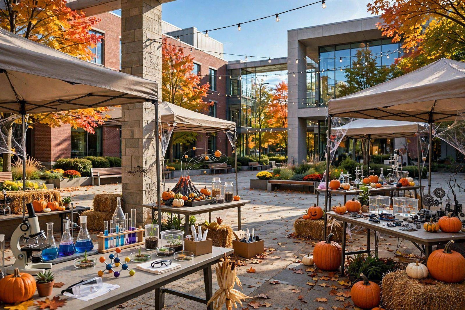 College campus courtyard with science booths and Halloween decor - illustration