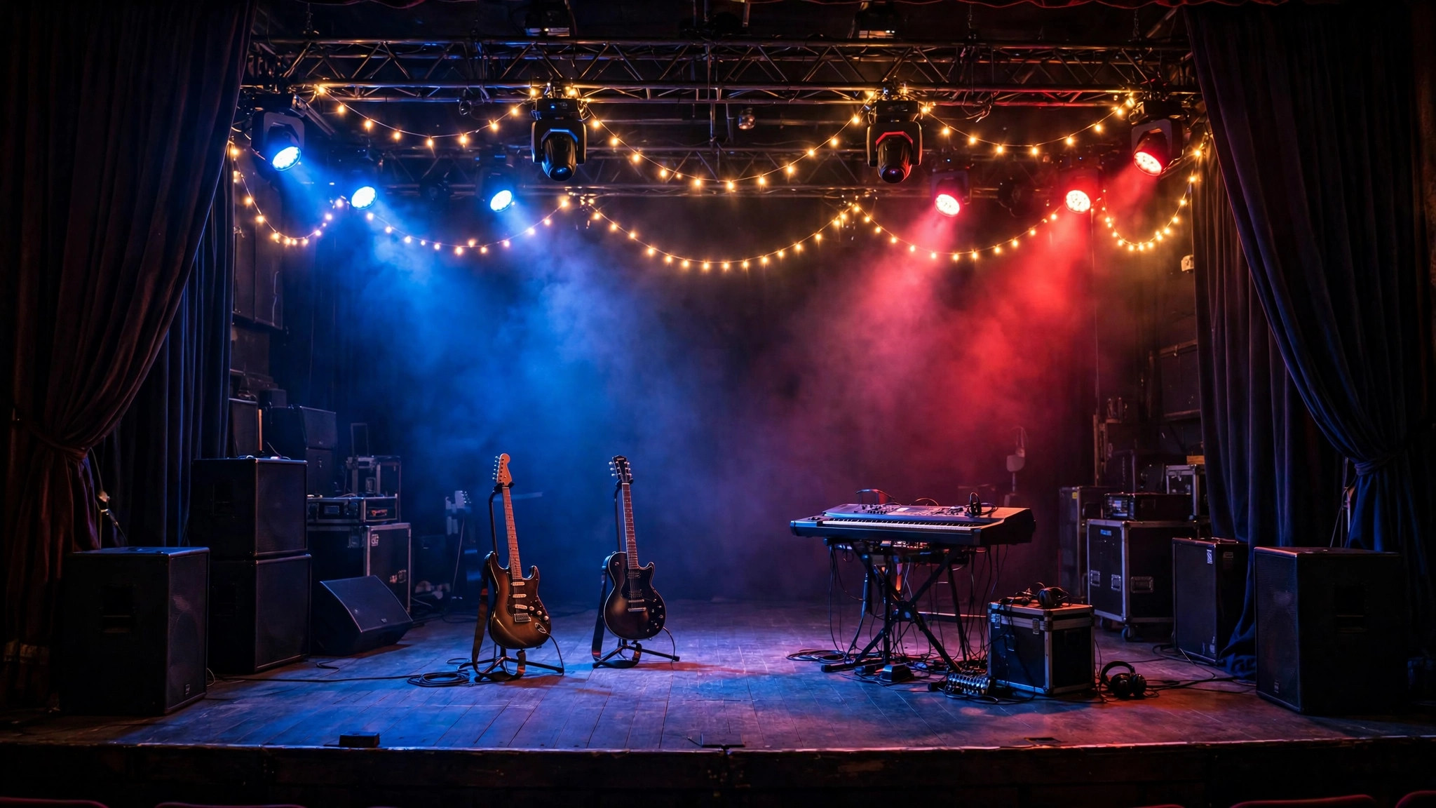 Theater stage with rock instruments and dramatic lights - illustration